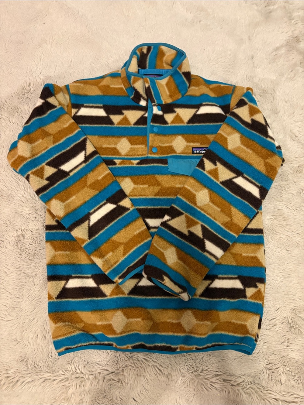Patagonia Women’s Tan & Blue Geometric Synchilla Zip-Up Fleece